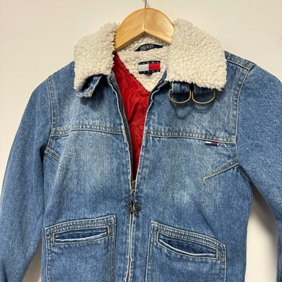 Vintage Y2K Tommy Jeans Hilfiger Denim Faux Sherpa Jacket Blue Jean Retro XS - Picture 3 of 9